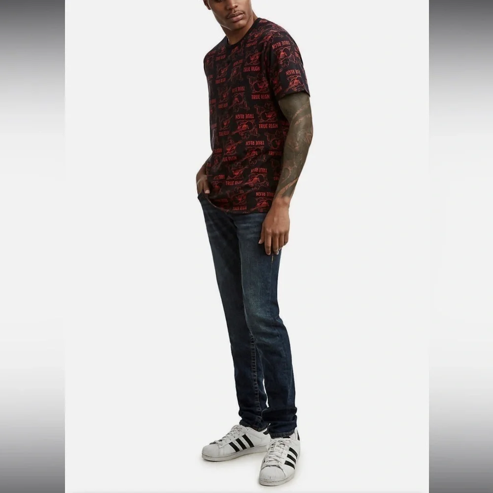 True Religion Buddha Mono Crew Neck Cotton T-shirt in Black/red Sz M